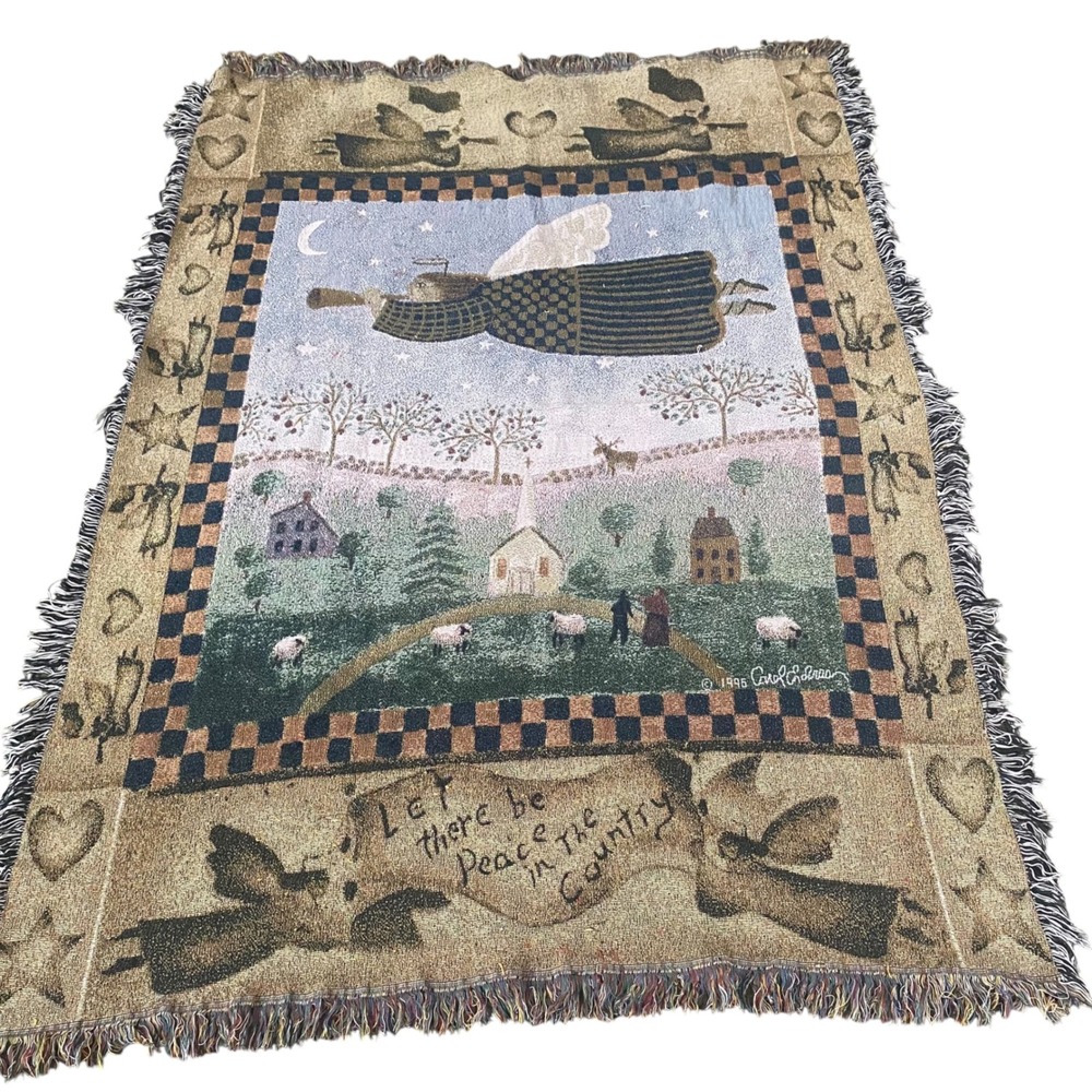 1996 Carol Endres Jacquard Tapestry Throw Blanket Angel Peace Country Primitive